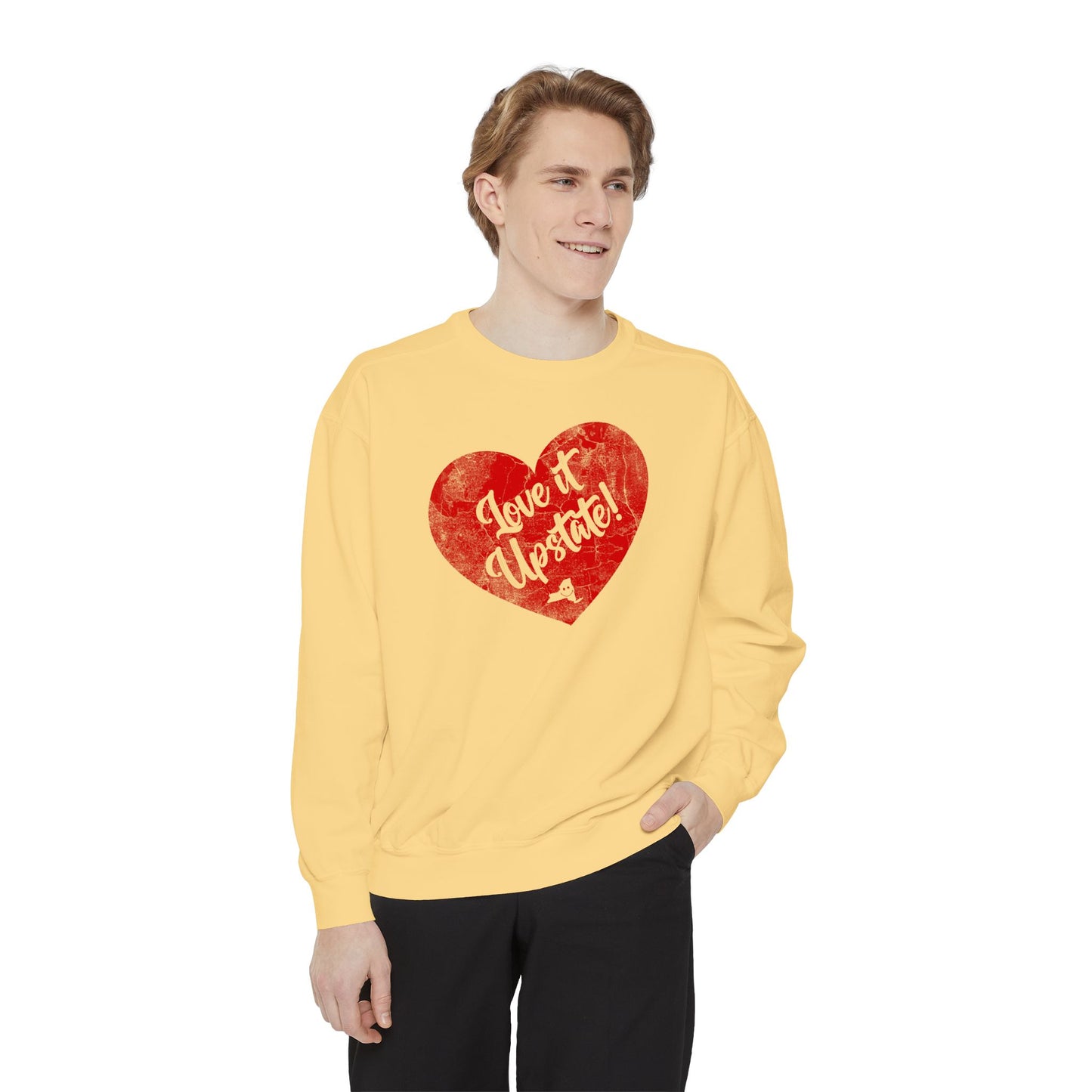 Love It Upstate Distressed Sweetheart Sweatshirt — Vintage Red Graphic Pullover