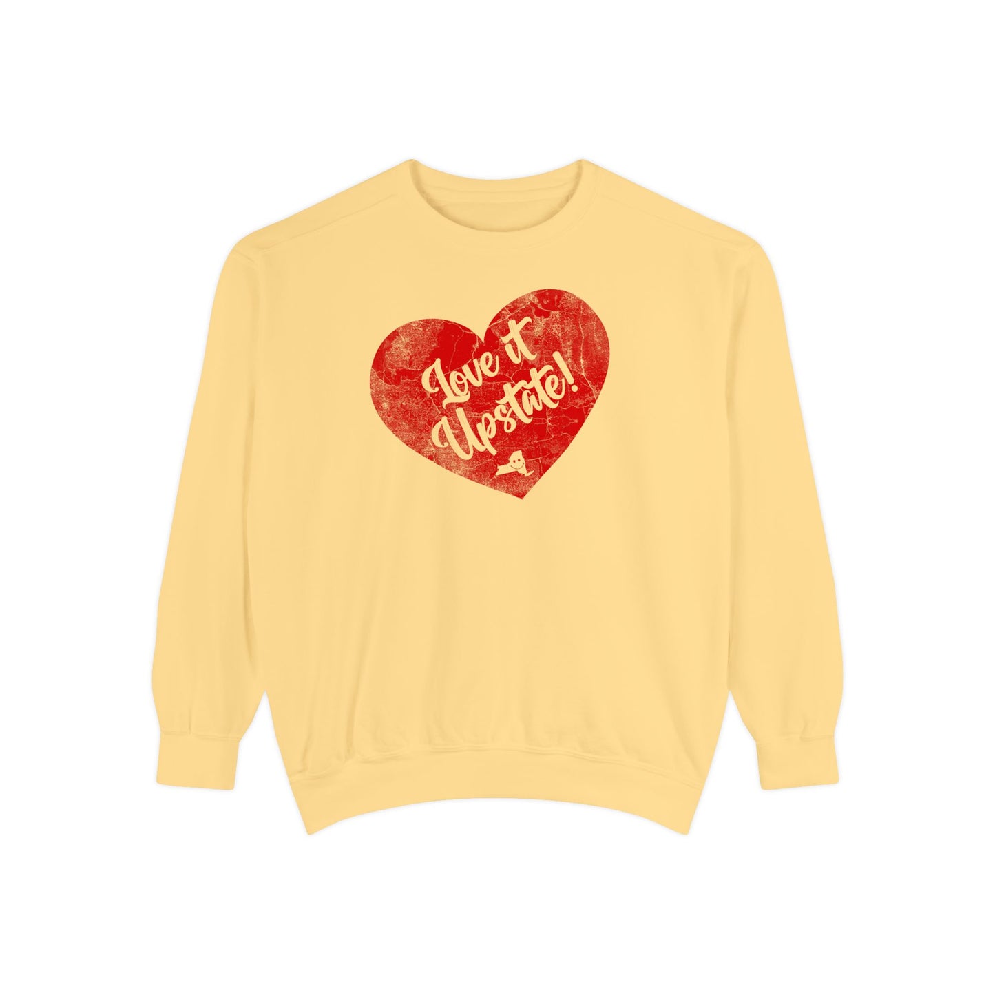 Love It Upstate Distressed Sweetheart Sweatshirt — Vintage Red Graphic Pullover