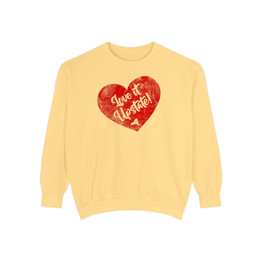 Love It Upstate Distressed Sweetheart Sweatshirt — Vintage Red Graphic Pullover